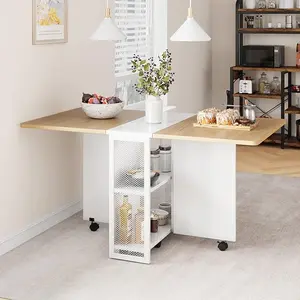 Space Saving Folding Dining Table with 2 Tier Storage-Extendable Drop Leaf Farmhouse Wood Kitchen Dining Room Tables Set for 4, Collapsible Expandable Rectangle Dinner Kitchen Office Furniture