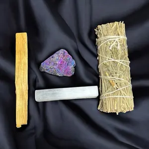 4 piece Crystal Energy Cleansing Smudge Kit with White Sage or Lavender, 3 Inch Raw Selenite Stick, Palo Santo & Raw Chalcopyrite Stone(size varies) for Positive Energy & Purification.