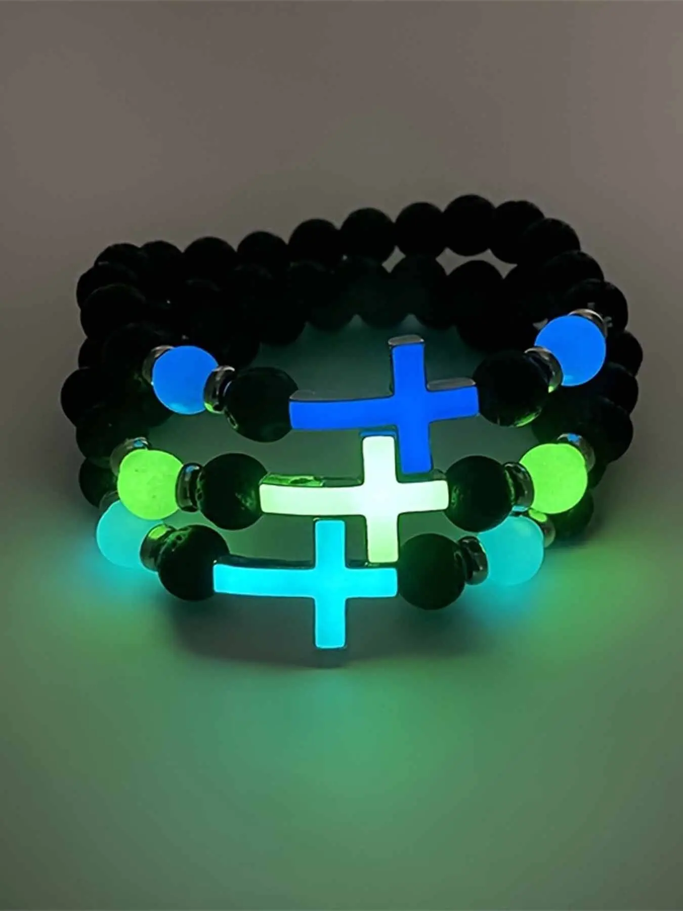 Cross Beaded Glow-In-The-Dark Bracelet, Unisex Fashion Accessory, Trendy Jewellery Accessories, Fashion Cool Accessories, Perfect for Parties and Daily Wear, Gift Idea, Stackable Bracelets, Luminous Bracelets, Bracelet Set