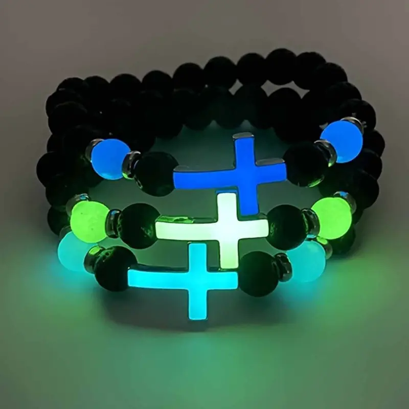 Cross Beaded Glow-In-The-Dark Bracelet, Unisex Fashion Accessory, Trendy Jewellery Accessories, Perfect for Parties and Daily Wear, Gift Idea, Stackable Bracelets, Luminous Bracelets, Glowing Bracelets, Bracelet Set