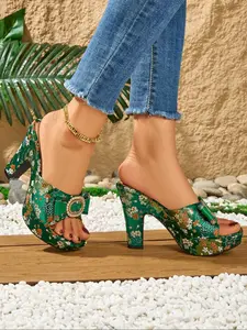 Women's Fashionable Floral Pattern Embroidered Design Slip on Sandals, Casual Trendy Sandals, Elegant Square Toe High Heel Sandals for Party, Daily Clothing Decor for Women & Girls, Footwear