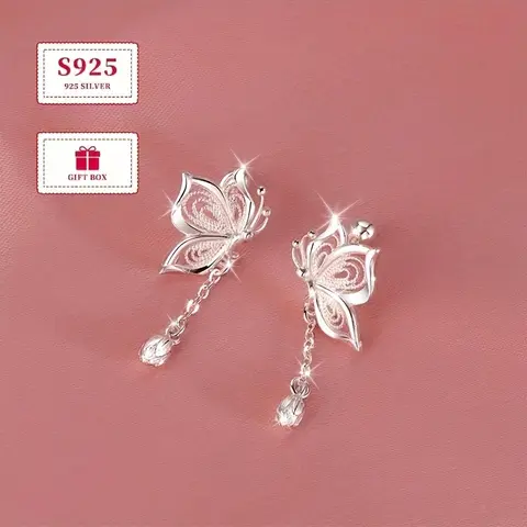 Women's 925 Sterling Silver Elegant Butterfly Charm Earrings Dangling - 2pcs Tassel Drop with Hollow Bud Chain, About 1.8g Hypoallergenic Modern Lightweight Unisex Daily Wear Fashion Accessories