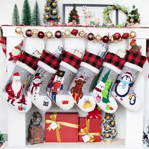 Set of 6 Christmas Stockings Gray Burlap Buffalo Red Plaid Soft Faux  20 Inches Lovely Embroidery  for Family Decorations  Ornament for Xmas Holiday Party