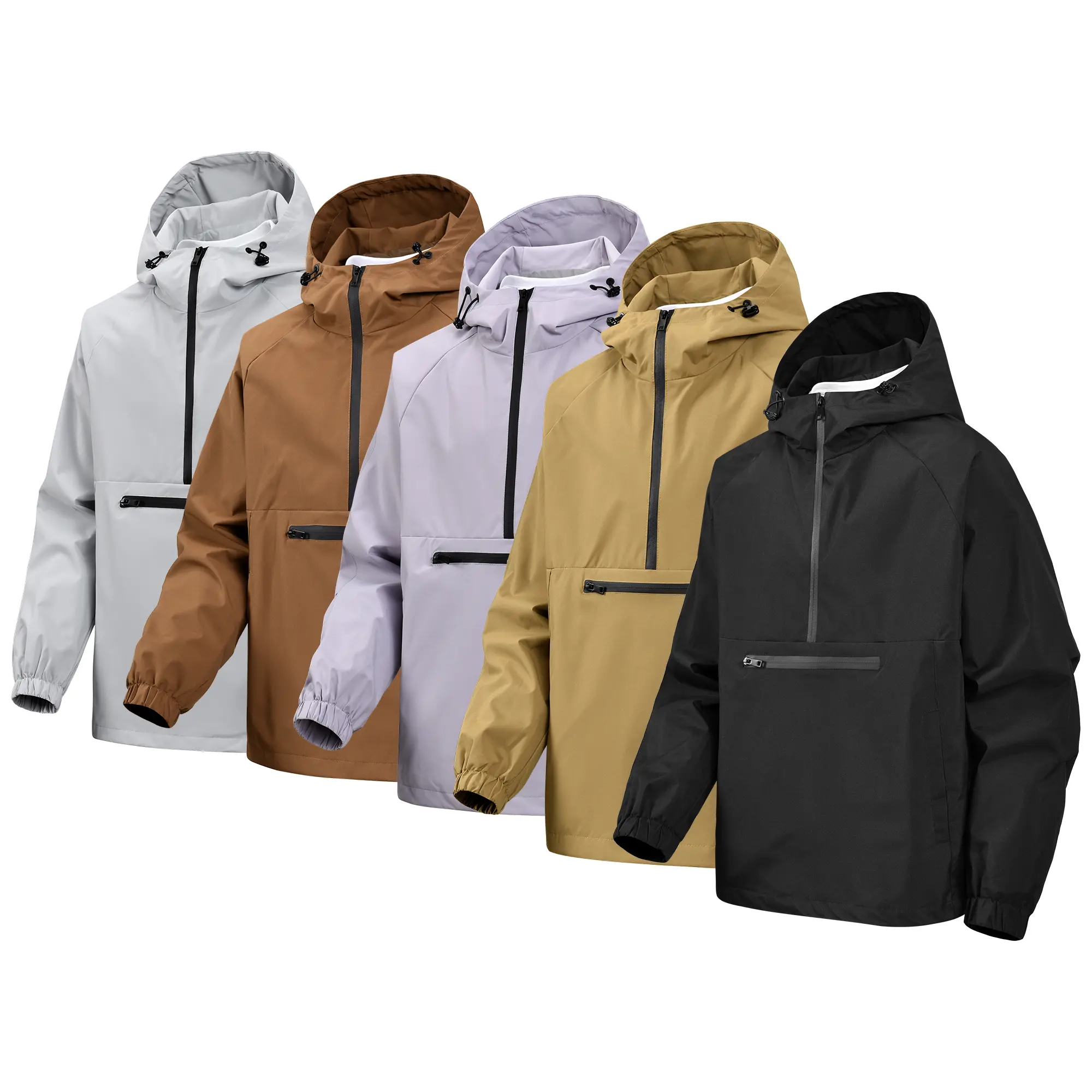 Men’s lightweight hooded anorak jacket, pullover windbreaker with half-zip front and zippered utility pocket, elastic cuffs—casual outdoor streetwear everyday outerwear