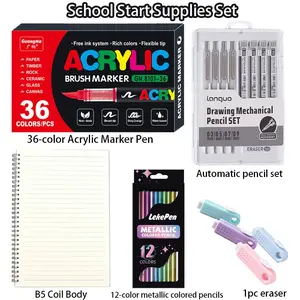 Back-To-School 5-Piece Stationery Set, Includes Acrylic Marker, Metal Pencil, Notebook, Mechanical Pencil Kit, Extendable Eraser, Ideal Gift for Kids