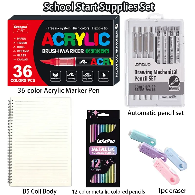 Back-To-School Supplies Set, Includes 5 Pieces, Acrylic Paint Pen, Metal Pencil, Notebook, Mechanical Pencil, Eraser, Perfect Gift for Kids