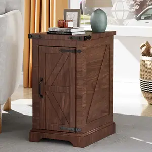 LINGMU Farmhouse Barn Door Nightstand with Built-in Charging Station & Adjustable Storage Compact Bedside Table for Bedroom Living Room Small Spaces