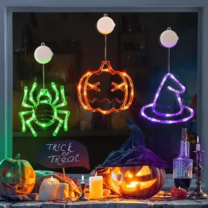 Halloween Window Decorations 3 Pack Orange Pumpkin Green Spider Purple Witch Hat Battery Operated Window Lights with Suction Cup Slow Fade Timer Function Halloween Indoor Lights for Windows