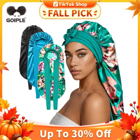 3 Counts Soft Satin Silk Bonnets for Black Women - Style Large Sleep Bonnet for Braids Haircare Elastic Sleeping Cap Heatless (Black&Blue&Flower) Winter giftforher