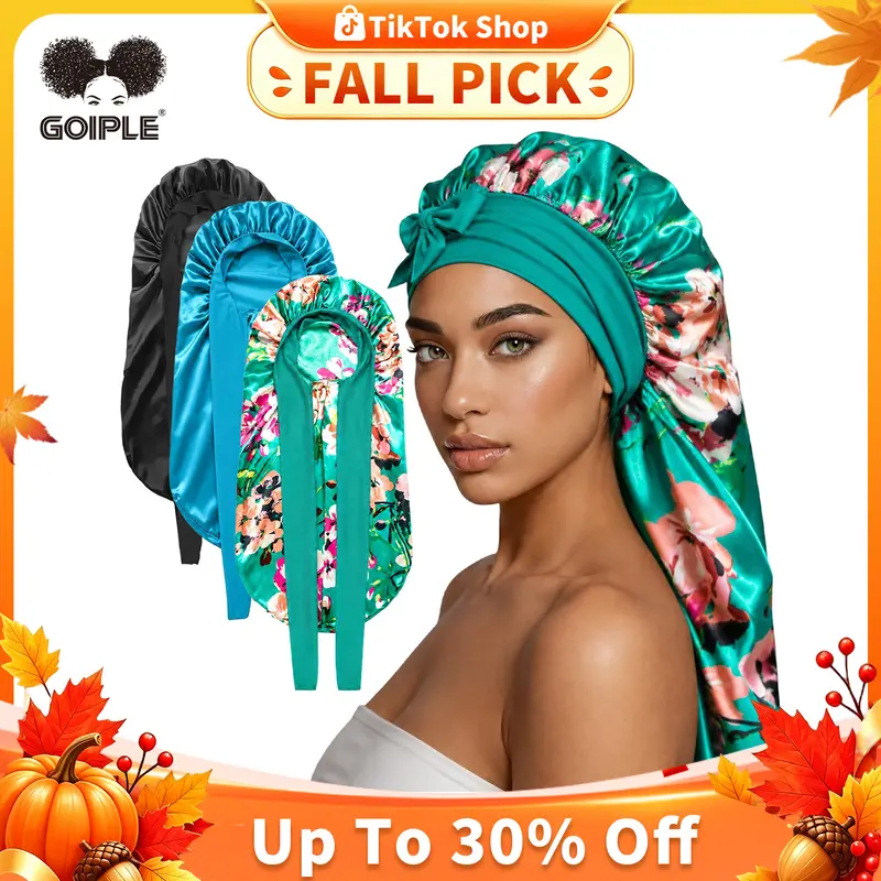 3 Counts Soft Satin Silk Bonnets for Black Women - Style Large Sleep Bonnet for Braids Haircare Elastic Sleeping Cap Heatless (Black&Blue&Flower) Winter giftforher