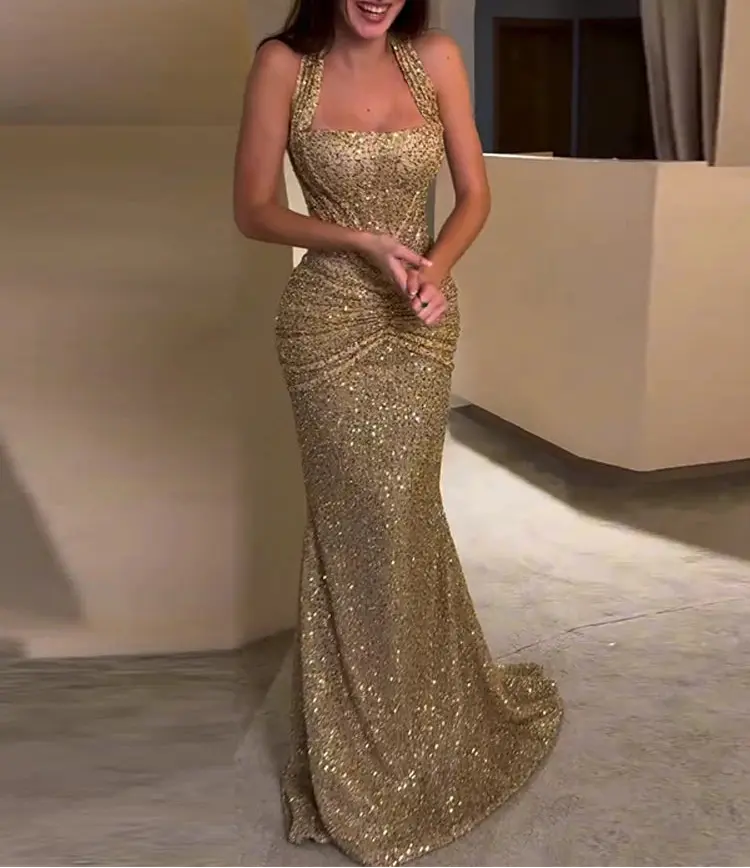 Elegant Gold Sequins Ruched Halter Gown Elegant Gold Sequins Ruched Halter Gown