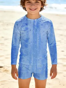 Boys' Light Blue Bubble Texture Long Sleeve Swimsuit, Summer Breathable Sun Protection Quick-Dry Split Set, Kids Swimwear for Warm Weather