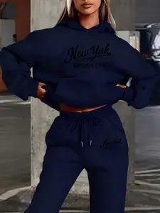 Women's Hooded Sweatshirt Set, Fall & Winter Fleece Warm, New York Brooklyn Letter Print, Casual Street Style, Fitted, Jogger Pants Design