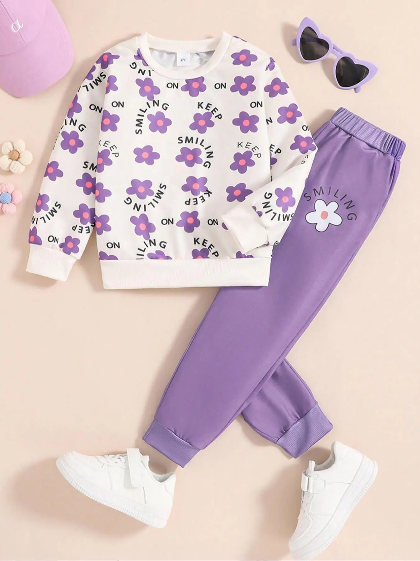 Girls' Floral Letter Print Sweatshirt & Elastic Waist Sweatpants Set, Casual Round Neck Long Sleeve Pullover & Jogger Pants for Fall & Winter