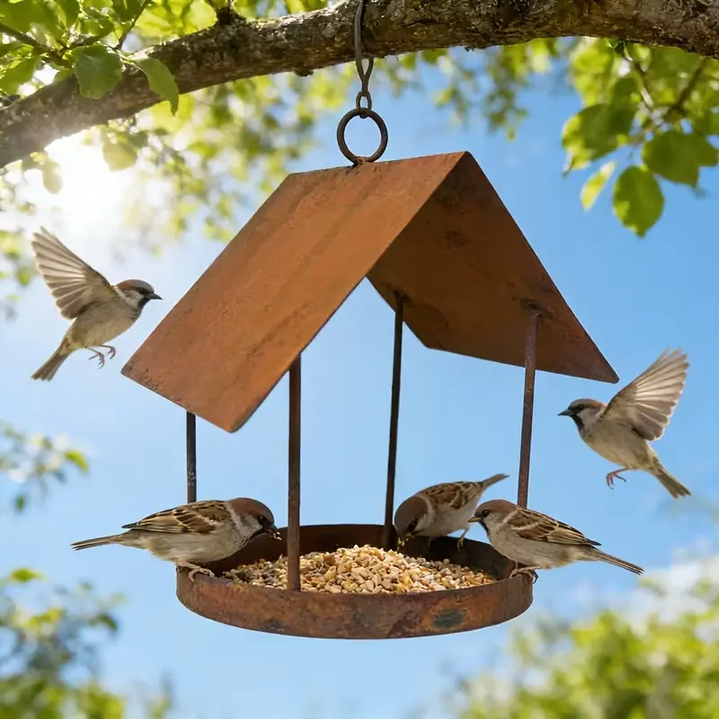 A Vintage Rustic-Style Rusted Metal Bird Feeder, Bird Feeders for Outdoors Hanging, Designed for Outdoor Hanging, Suitable for Garden Patios, Weatherproof Outdoor Decoration, Attracting Robins, Cardinals, and Wild Birds