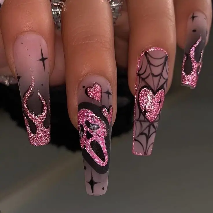 Y2K Pink Glitter Goth Halloween Press On Nails Ghostface Spiderweb Flame Long Square Fake Nails Spooky Alternative False Nails Reusable Acrylic Stick On Nails for Women