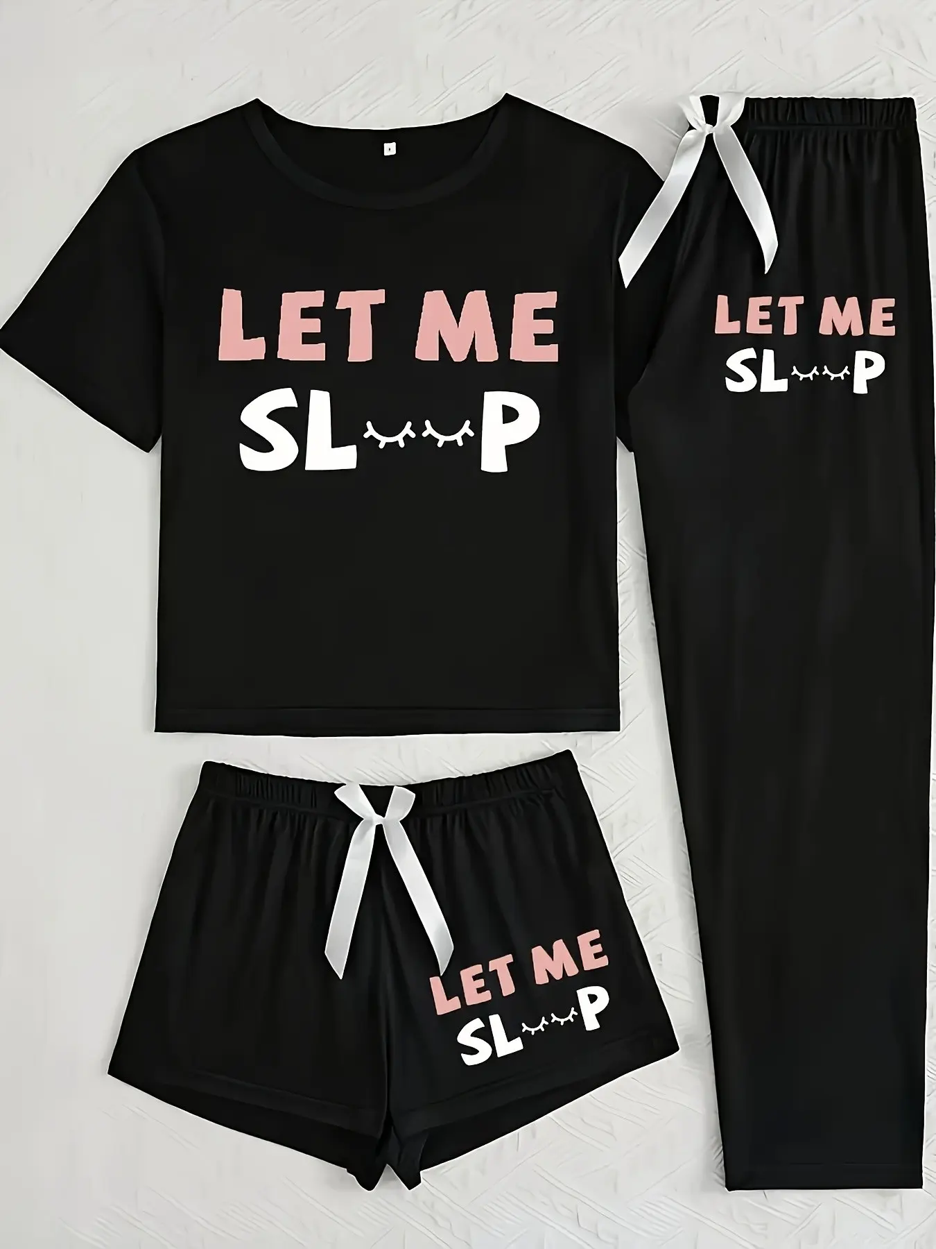 Printed Let Me Sleep Three-Piece Home Set, Cartoon Pattern, Loose-Fitting, Casual Style, All Seasons, Comfortable Lounge Wear, Pajama Set, Loungewear, Loose Fit Pajamas, Pajama Lounge Sets