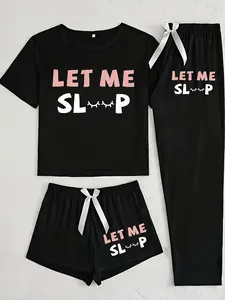 Printed Let Me Sleep Three-Piece Home Set, Cartoon Pattern, Loose-Fitting, Casual Style, All Seasons, Comfortable Lounge Wear, Pajama, Loungewear, Homewear