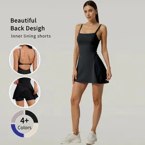 Women's Square Neck Tennis Dress with Shorts Spaghetti Strap Backless Workout Side Slit Athletic Golf Dresses High Stretch Nylon Activewear Machine Washable Workoutdress