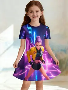 Girls' 3D Short Sleeve Dress, Cyber Kpop Full Print, Perfect for Parties, Festive Gifts, Birthday Presents, Casual Slim Fit
