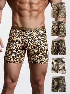 Men's Breathable Long Briefs Boxers Set of 5, Knight Chain Design, Soft Elastic Polyester Fiber, Casual Wear for All Seasons, Underwear