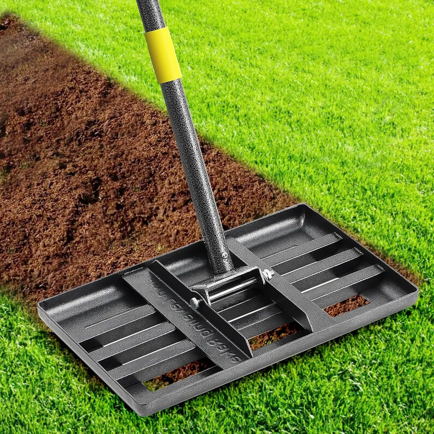 Lawn Leveling Rake, Heavy Duty 17"x10" Curved Ground Plate, 58" Long Handle Lawn Leveler Tool Landscape Rake for Compost Soil Dirt Sand Grass Peat Moss