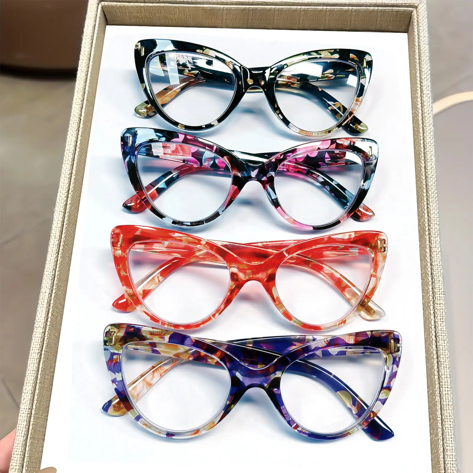 Women's Durable High Quality Eyewear - 4 Pairs Retro Cat-Eye Large Frame Multifocal Reading Glasses, Assorted Patterns, +0 to +4.0 Lens Power, Non-Prescription, Statement Frame Glasses