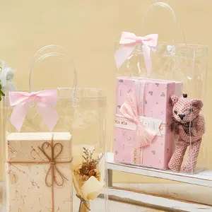 Transparent Plastic Gift Bags with Handles, Reusable Party Favor Bags with Ribbon Bow, Party Packs, Party Favors Assortment, Ideal for Weddings and Birthday Parties