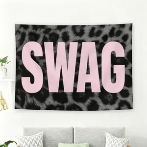 Pink SWAG Typography on Grey Leopard Print Background Wall Flag, Edgy Y2K Grunge Room Decor, Tapestry Room Decor