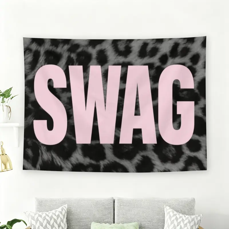 Pink SWAG Typography on Grey Leopard Print Background Wall Flag, Edgy Y2K Grunge Room Decor, Tapestry Room Decor, Living Room Wall Decor