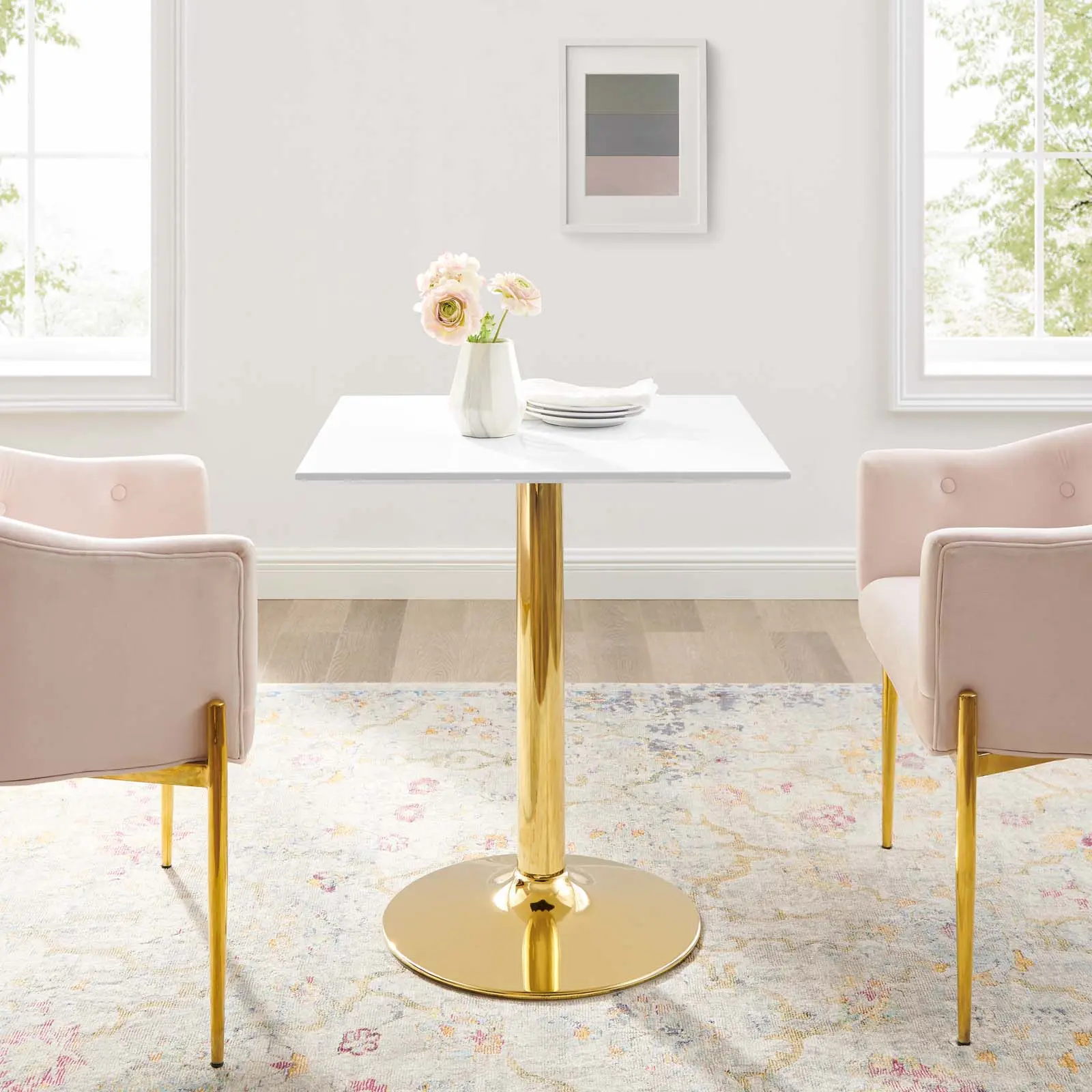 Modway Verne Modern Dining Table - 28" Square Gold White Indoor Furniture, Entertaining Table with MDF Tabletop & Pedestal Base, Pedestal Table