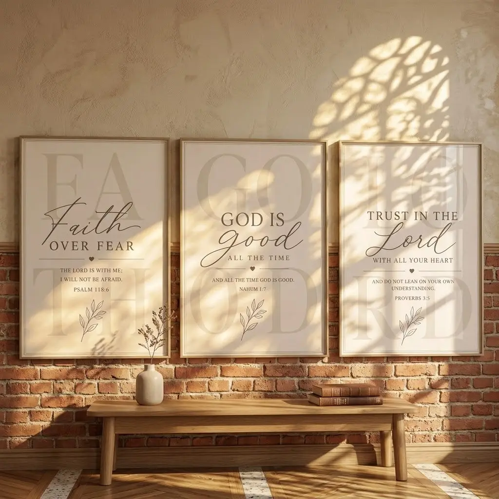 Neutral Christian 3-Piece Unframed Wall Art Set, Beige Bible Verse Posters, God Is Good Faith Hope Home Decor Digital Prints