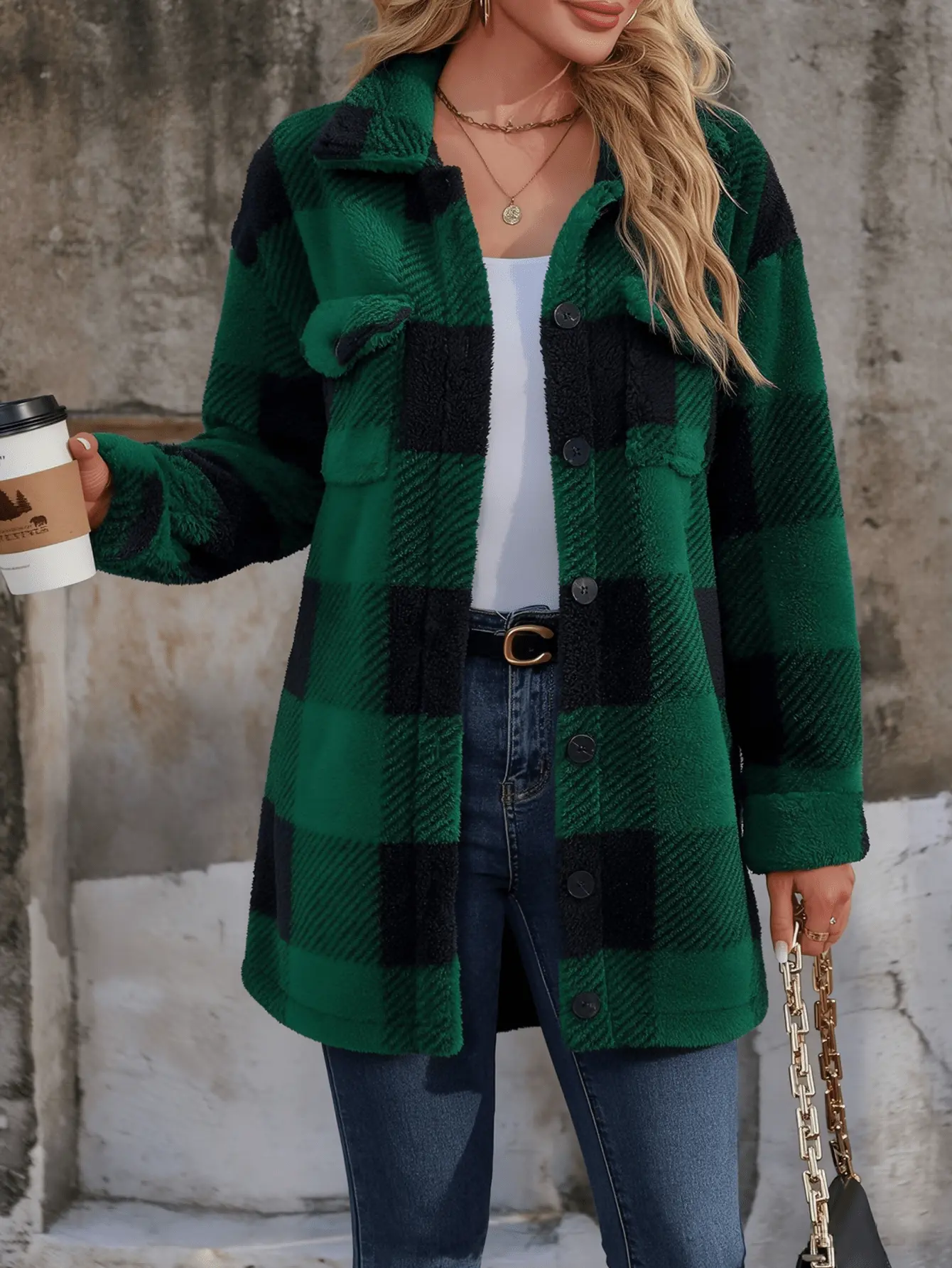 Women'S Plaid Teddy Jacket,Fuzzy Fleece Button down Shirt Jacket, Fall/Winter Warm Casual Fluffy Outerwear SHEIN