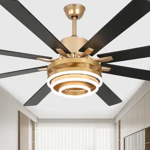 72" 8 Wooden Blades Large Size Modern and Contemporary Style Black/Silver/Gold Finish DIY Shape Reversible Ceiling Fan with Remote and Dimmable LED Light Kit for Home Decoration