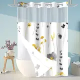 Ink and wash Floral double-layer shower curtain, no hooks, fresh country style home decoration, bathroom accessories, 72x75in