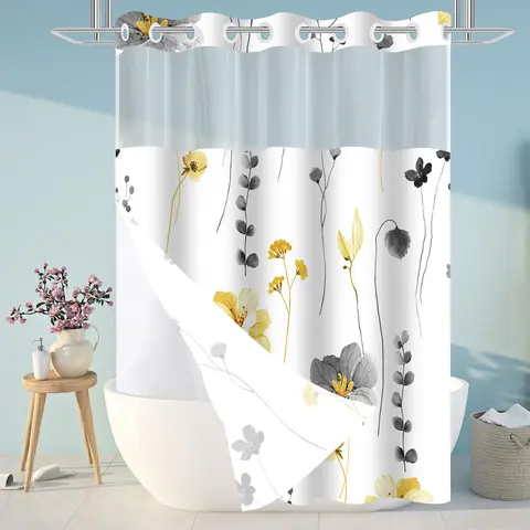 Ink and wash Floral double-layer shower curtain, no hooks, fresh country style home decoration, bathroom accessories, 72x75in