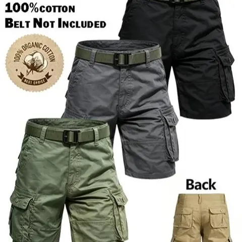 Men's 3-Pack Baggy Cargo Utility Shorts (Army Green + Gray + Black) - Mid-Thigh Length, Cotton, Multi-Compartment Pockets, Wear-Resistant, Wrinkle-Resistant, Breathable, Lightweight, Machine Washable, Menswear, for Golf, Outdoor Hiking