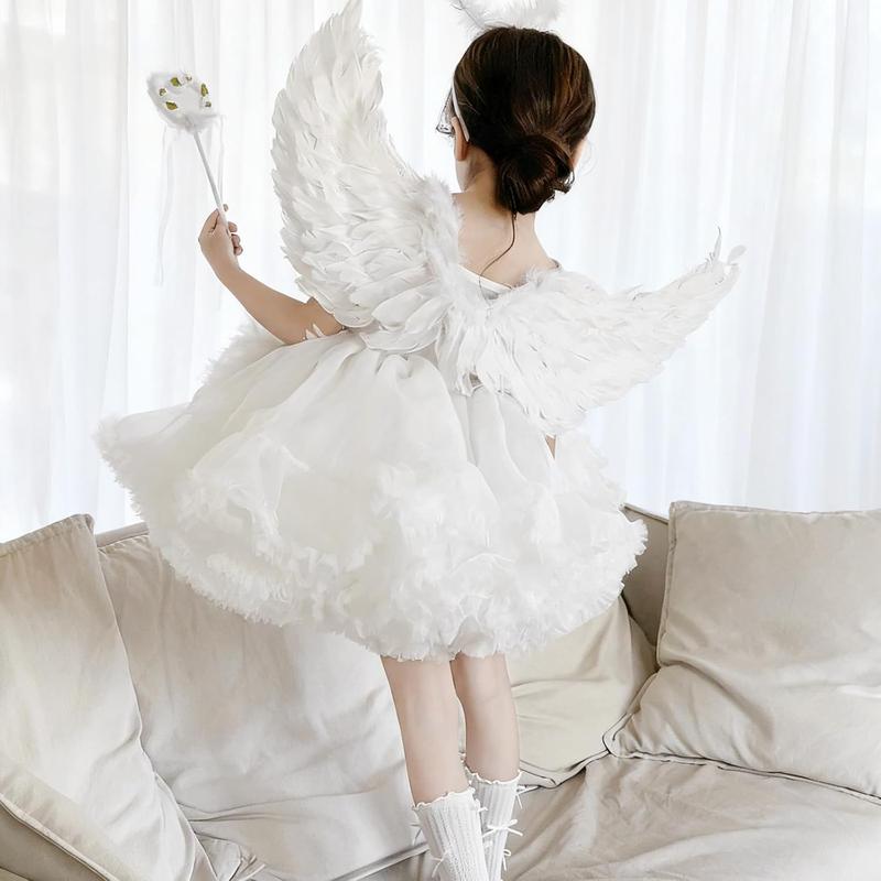Angel Wings and Halo Set - Feathered Angel Halo Headband, Angel Wings and Wand - Halloween Costumes