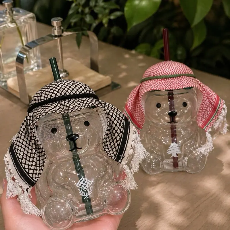 Lebanon & Palestine Edition Reusable Keffiyeh Bear Glass Cup (16oz)