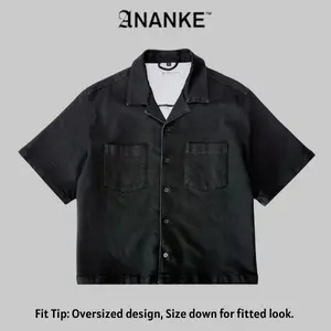 ANANKE Cropped Cuban Knit Button Down Shirt - Short Sleeve Drop Shoulder, Black, Oversized Casual Top with Pockets, Autumn Wear, Premium Cotton Blend Menswear, Relaxed Fit Canvas Spandex
