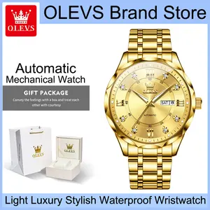 OLEVS 6727 Men's Automatic Mechanical Watch, Luxury Business Wristwatch, 42mm Golden Dial with Rhinestone Roman Numerals, Day & Date Dual Display, Luminous Hands, Water Resistant Watch, Premium Gift for Husband, Father & Daily Business Wear