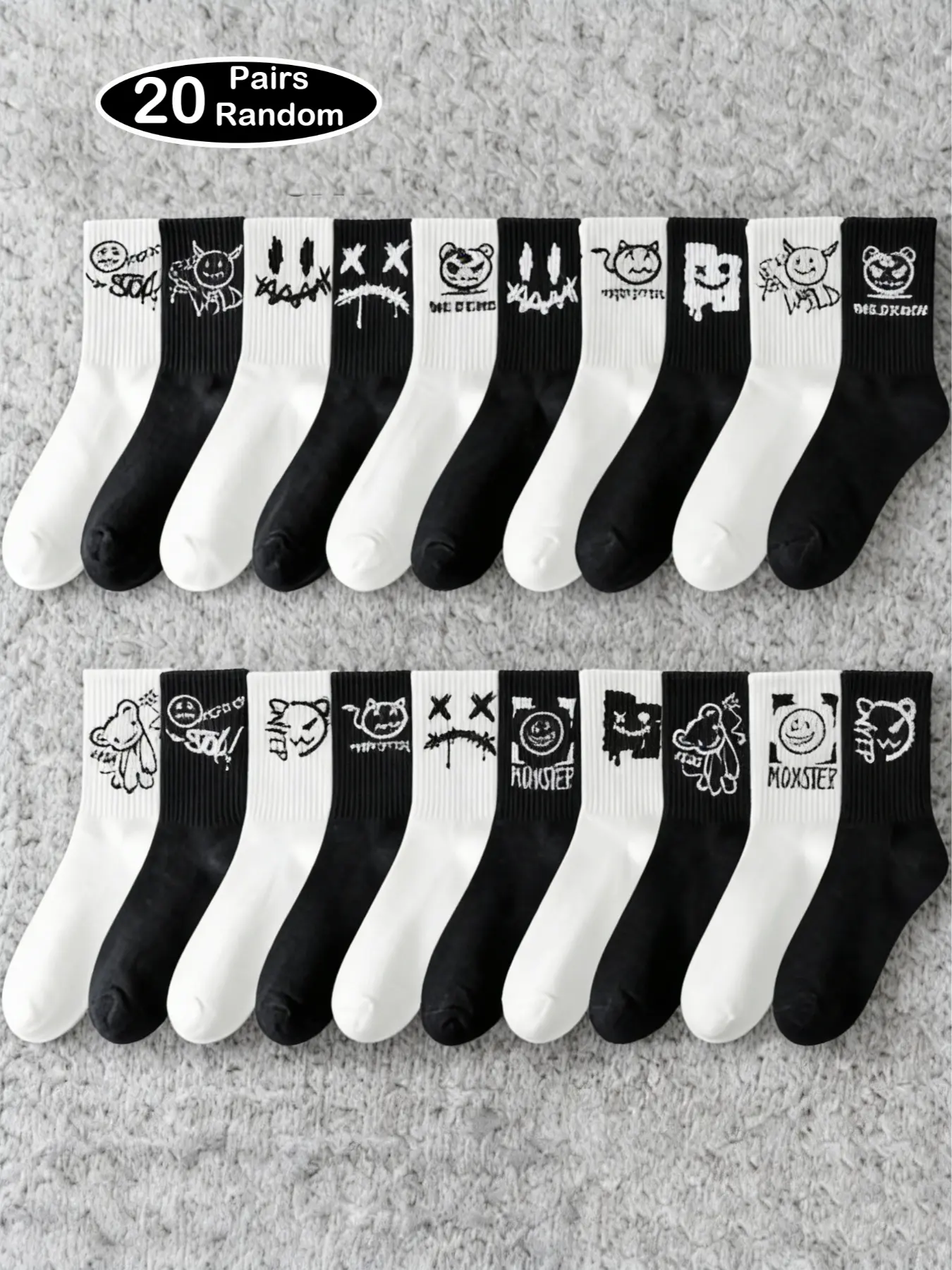 20 Pairs Sock Packs Spring Summer Ghost Face Design Graffiti Long Athletic Socks, Trendy Basketball Sports Mid-Calf Socks (random Style)