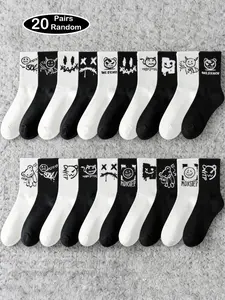 20 Pairs Spring Summer Ghost Face Design Graffiti Long Socks, Trendy Basketball Sports Mid-Calf Socks (random Style)