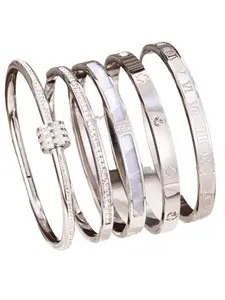 5pcs Women's Stainless Steel Stackable Bracelet Set, Flower Nail Design, Rhinestone Decorated Bangle, Boho Cuff Bracelets, Casual Jewelry, Perfect Gift for Her