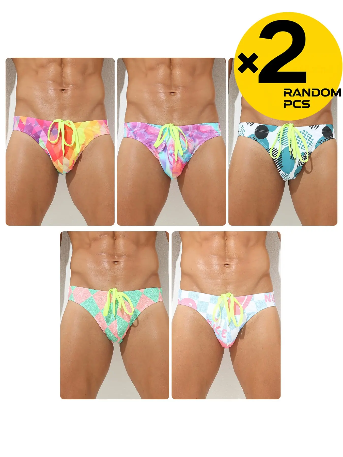 2/3/4 Pcs Random Color Men's Geometric Pattern Bikini Swim Briefs, Adjustable Drawstring, Quick-Dry, For Swimming, Diving, Fitness & Water Activities, Swimwear