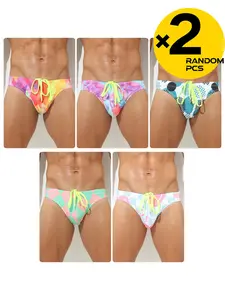 2/3/4 Pcs Random Color Men's Printed Bikini Swim Briefs, Adjustable Drawstring, Quick-Dry, For Swimming, Diving & Fitness