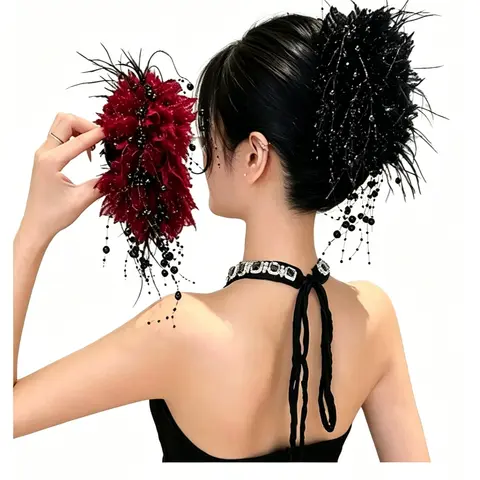 Women's High-End Retro Hong Kong-Style 3D Floral Beaded Hair Clip with Beaded Tassels - Female Elegant Updo Accessory, Premium White Elegant Clips & Hair Pins for Formal Ceremony, Chic Jeweled Fashion Piece