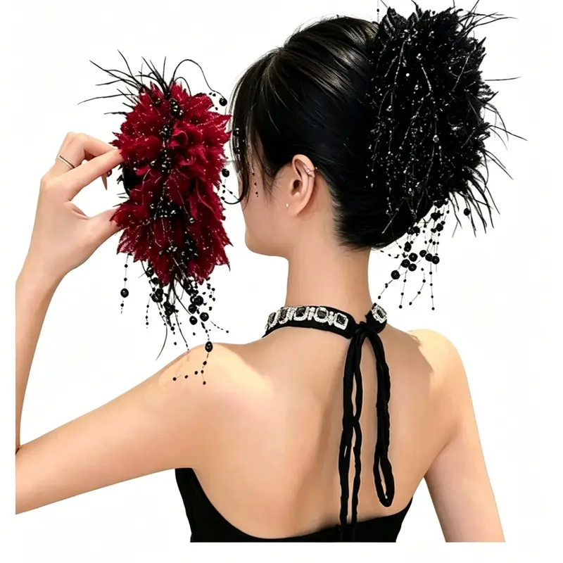 Women's High-End Retro Hong Kong-Style 3D Floral Beaded Hair Clip with Beaded Tassels - Female Elegant Updo Accessory, Premium White Elegant Clips & Hair Pins for Formal Ceremony, Chic Jeweled Fashion Piece