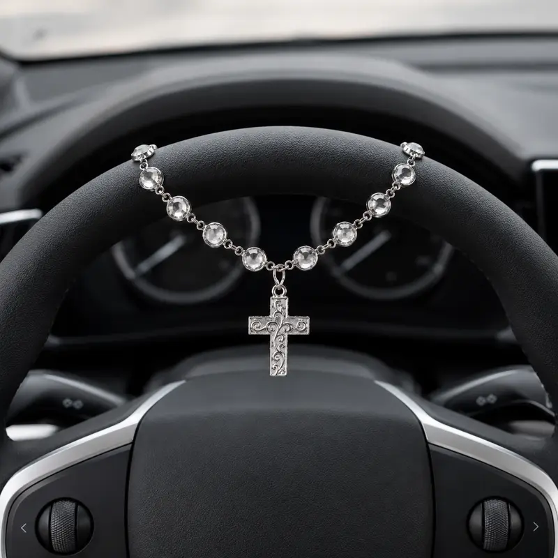 Faith-Inspired Crystal Cross Car Steering Wheel Charm, Silver Tone Beaded Hanging Ornament, Spiritual Blessing Symbol Auto Interior Decor, Meaningful Gift for Drivers,toolupgrade