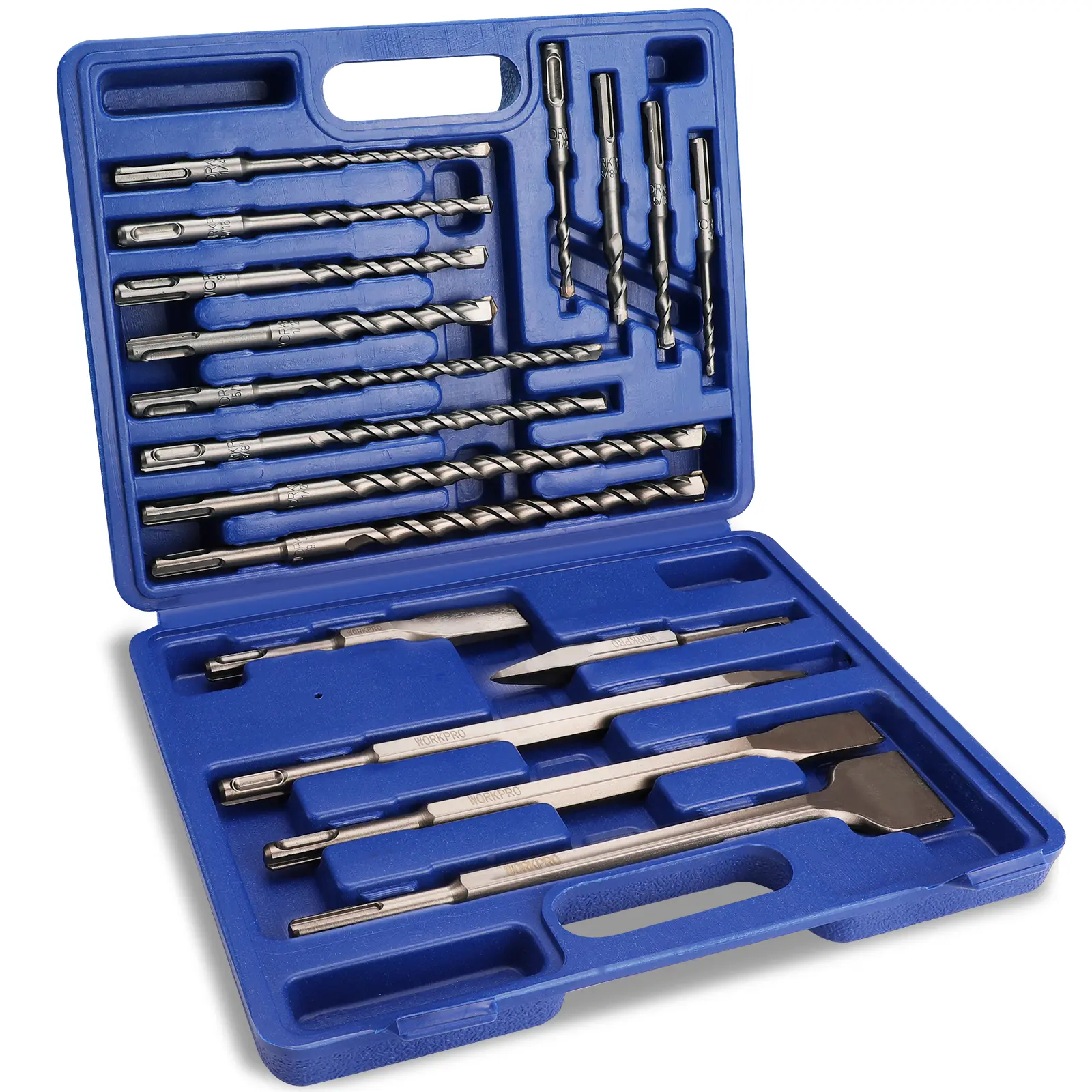 WORKPRO Multi-Size SDS-Plus Rotary Hammer Drill Bit Sets with Bits + Chisels, Carbide-Tip for Concrete Drilling, Stone, Brick, Power Tool Accessories with Storage Case #toolupgrade
